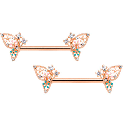 14G 9/16 Clear CZ Gem Rose Gold Hue Butterfly Nipple Ring Set