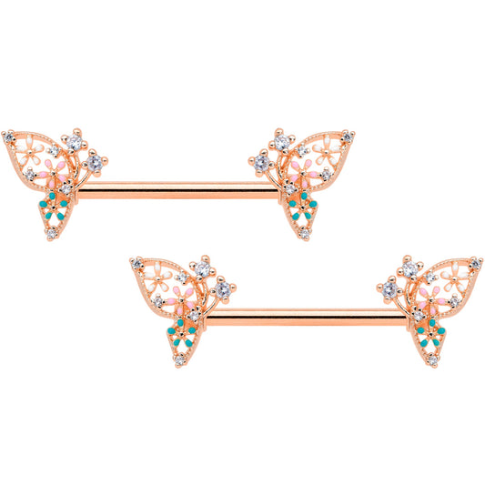 14G 9/16 Clear CZ Gem Rose Gold Hue Butterfly Nipple Ring Set