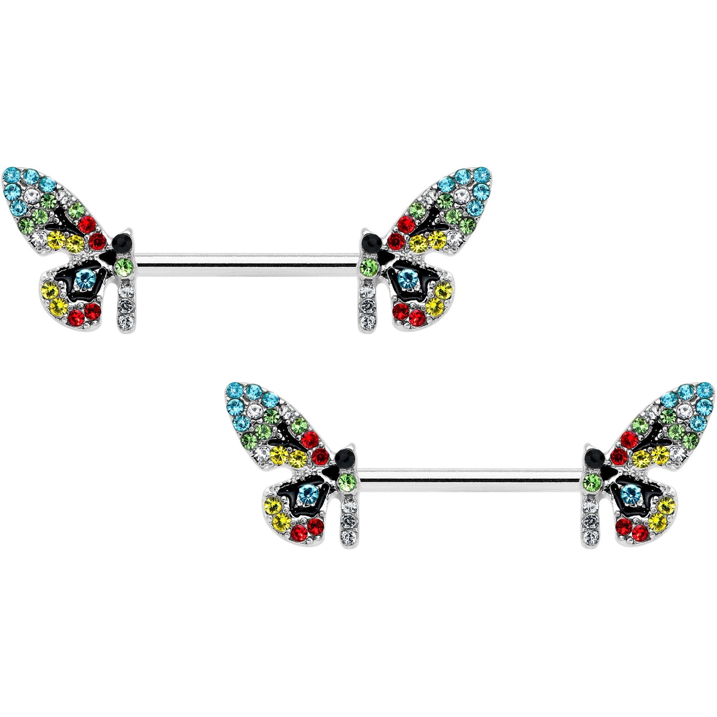 14G 9/16 Red Blue Gem Multi Butterfly Barbell Nipple Ring Set