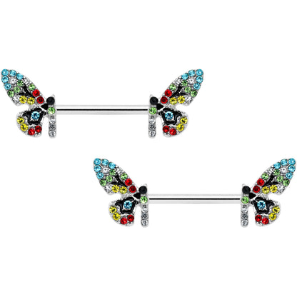 14G 9/16 Red Blue Gem Multi Butterfly Barbell Nipple Ring Set