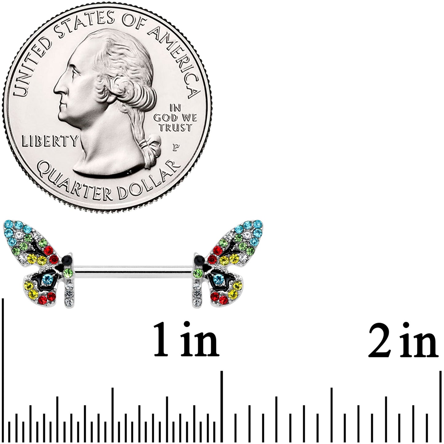 14G 9/16 Red Blue Gem Multi Butterfly Barbell Nipple Ring Set