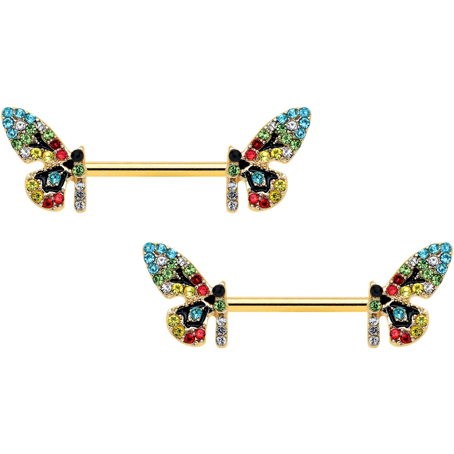 14G 9/16 Red Blue Gem Gold Tone Multi Butterfly Nipple Ring Set