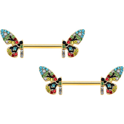 14G 9/16 Red Blue Gem Gold Tone Multi Butterfly Nipple Ring Set