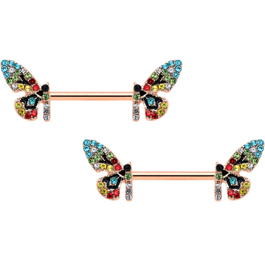 14G 9/16 Red Blue Gem Rose Gold Tone Butterfly Nipple Ring Set