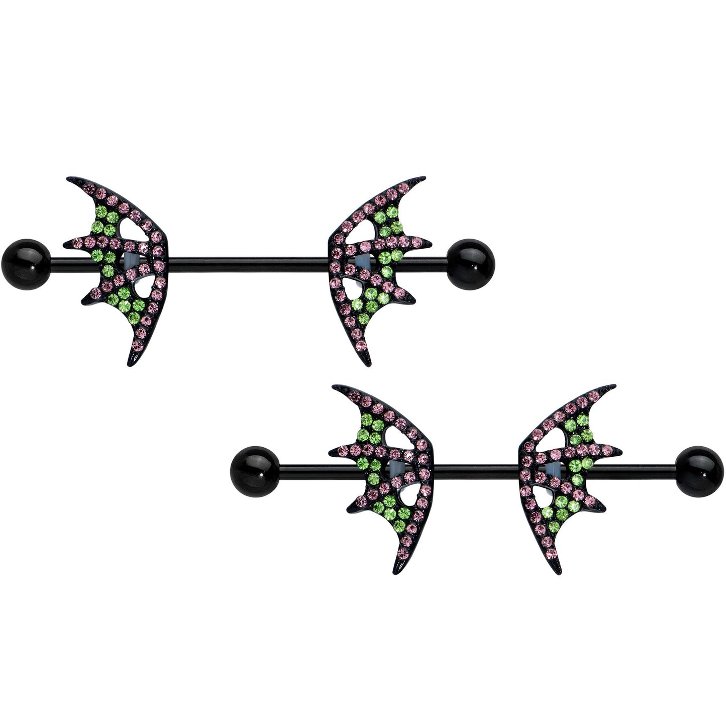 14G 13/16 Pink Green Gem Black Bat Wing Barbell Nipple Ring Set