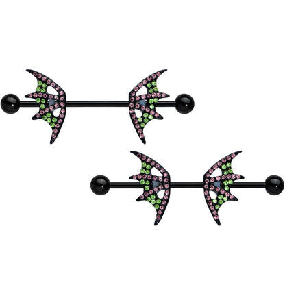 14G 13/16 Pink Green Gem Black Bat Wing Barbell Nipple Ring Set