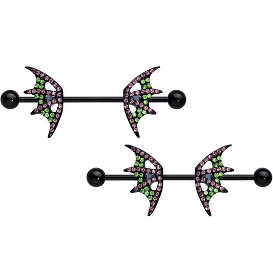 14G 13/16 Pink Green Gem Black Bat Wing Barbell Nipple Ring Set