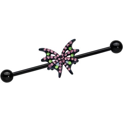 14G Pink Green Gem Black Bat Wing Industrial Barbell 38mm
