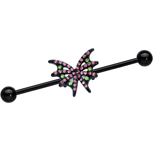 14G Pink Green Gem Black Bat Wing Industrial Barbell 38mm