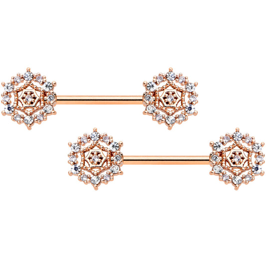 14G 9/16 Clear CZ Gem Rose Gold Hue Geometric Web Nipple Ring Set