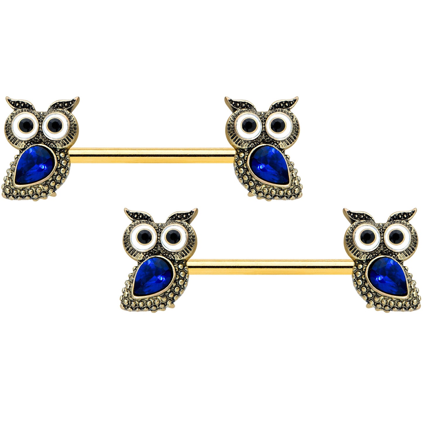 14G 9/16 Blue Gem Gold Tone Wide Eye Owl Barbell Nipple Ring Set
