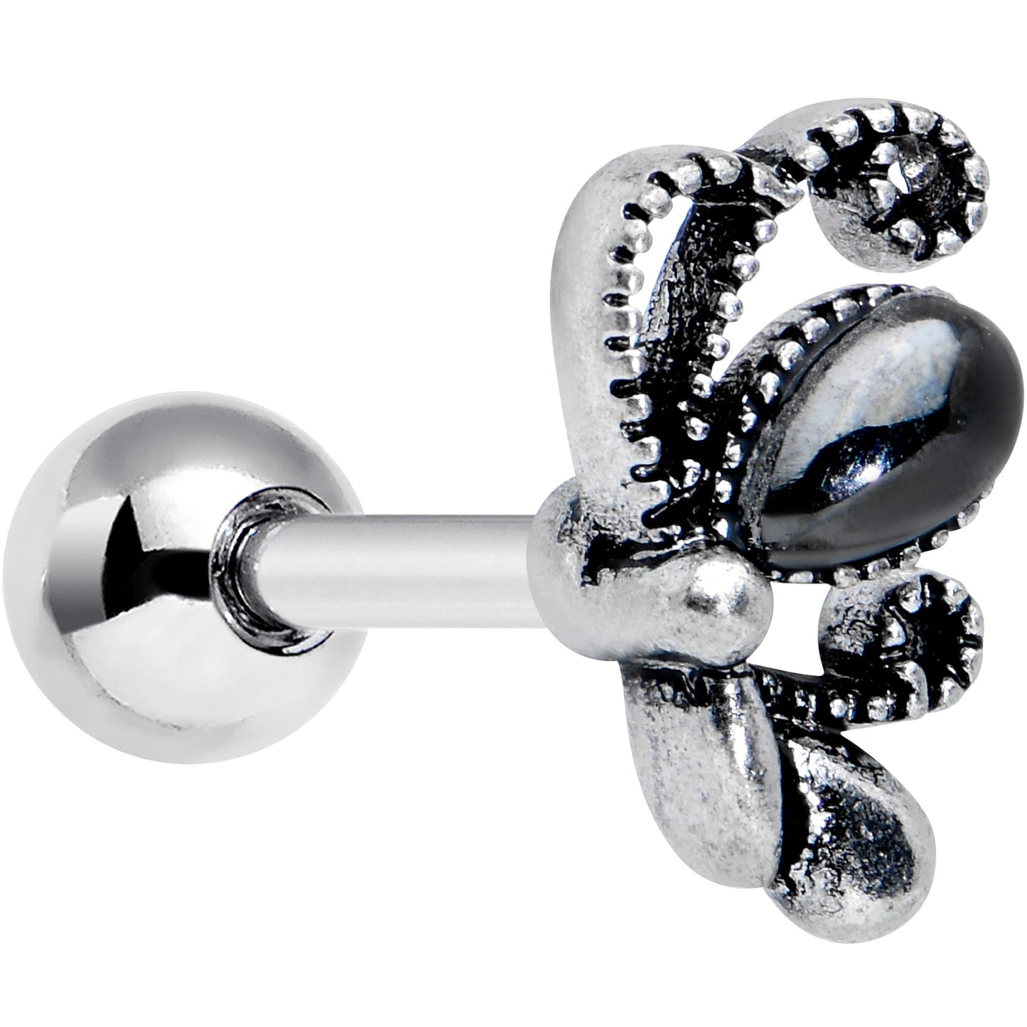 16G 1/4 Black Gem Abstract Bow Cartilage Tragus Earring