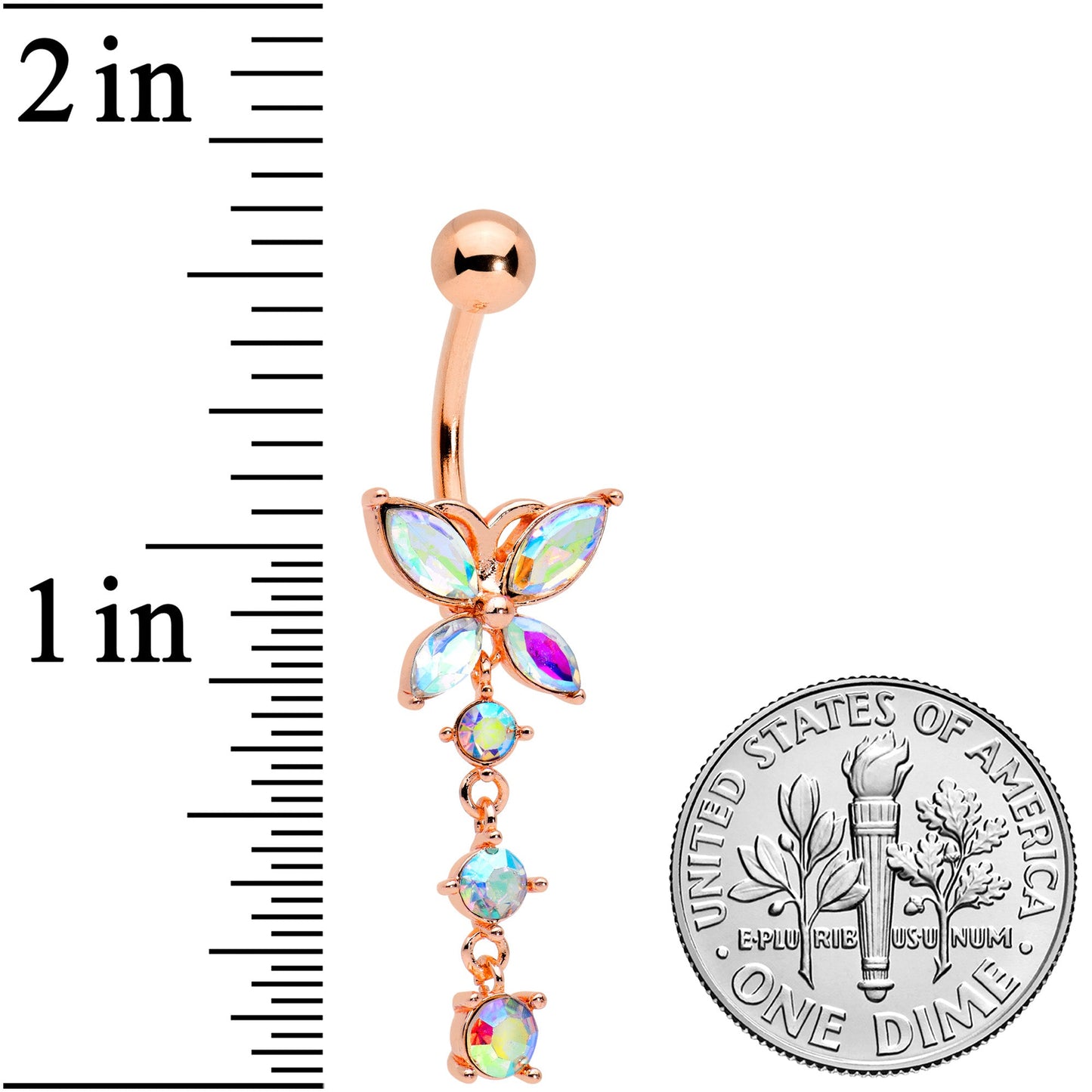 Aurora CZ Gem Rose Gold Tone Open Wing Butterfly Dangle Belly Ring