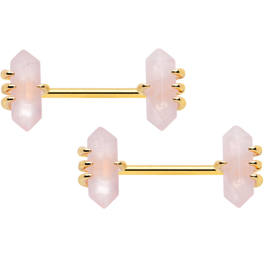 14G 9/16 Pink Rose Quartz Gold Tone Claw Barbell Nipple Ring Set