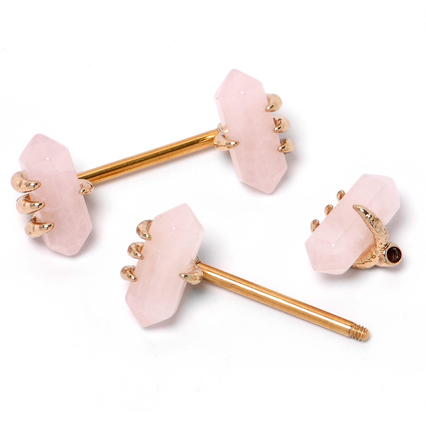 14G 9/16 Pink Rose Quartz Gold Tone Claw Barbell Nipple Ring Set