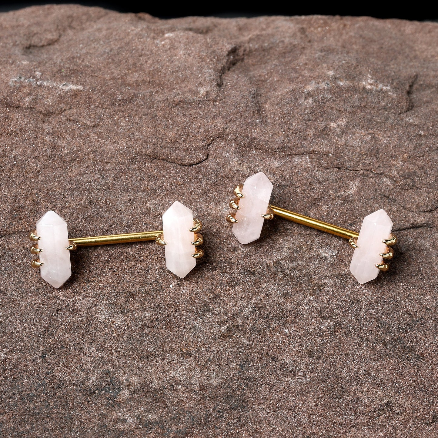 14G 9/16 Pink Rose Quartz Gold Tone Claw Barbell Nipple Ring Set