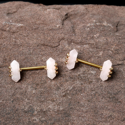 14G 9/16 Pink Rose Quartz Gold Tone Claw Barbell Nipple Ring Set