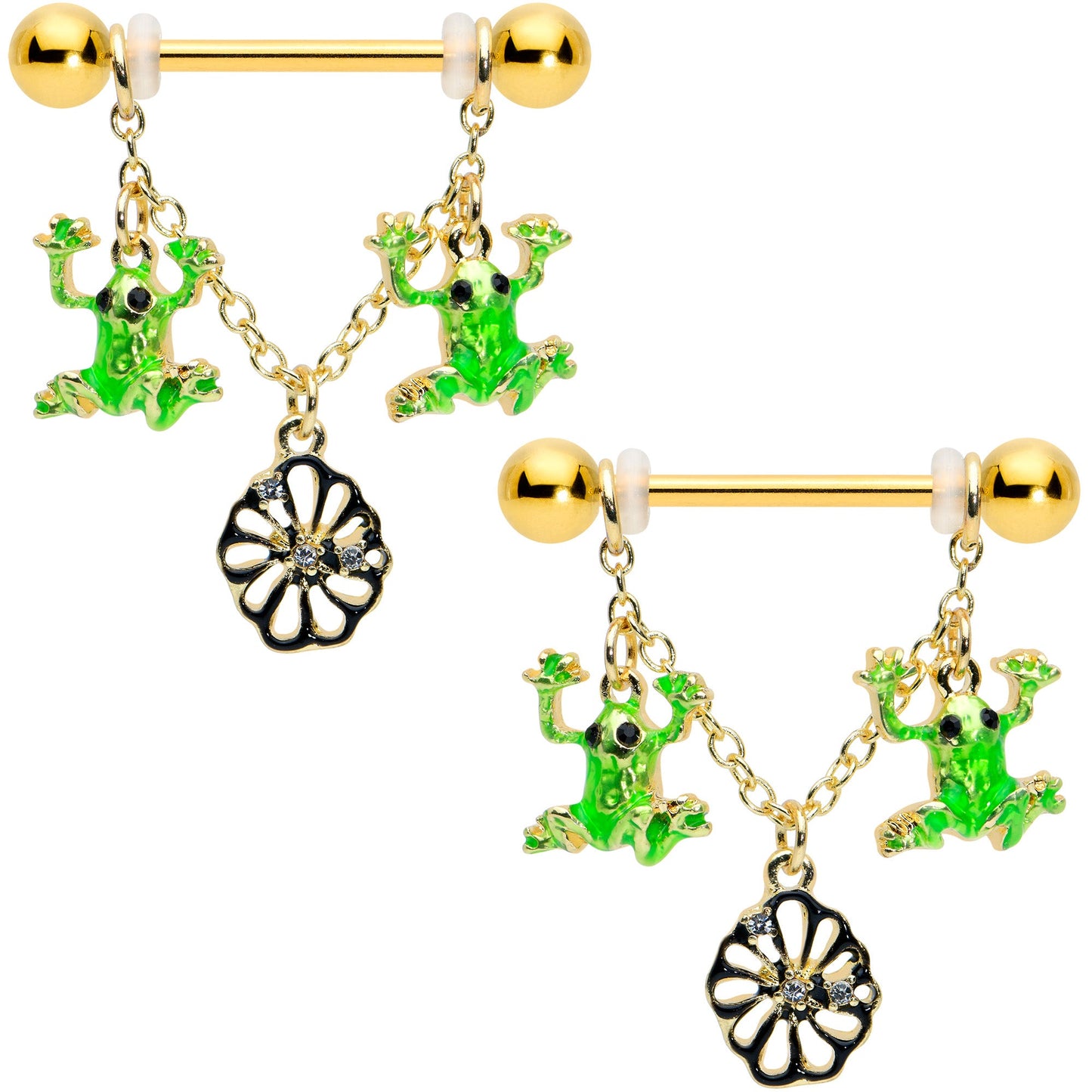 14G 5/8 Clear Gem Gold Tone Frog Flower Dangle Nipple Ring Set