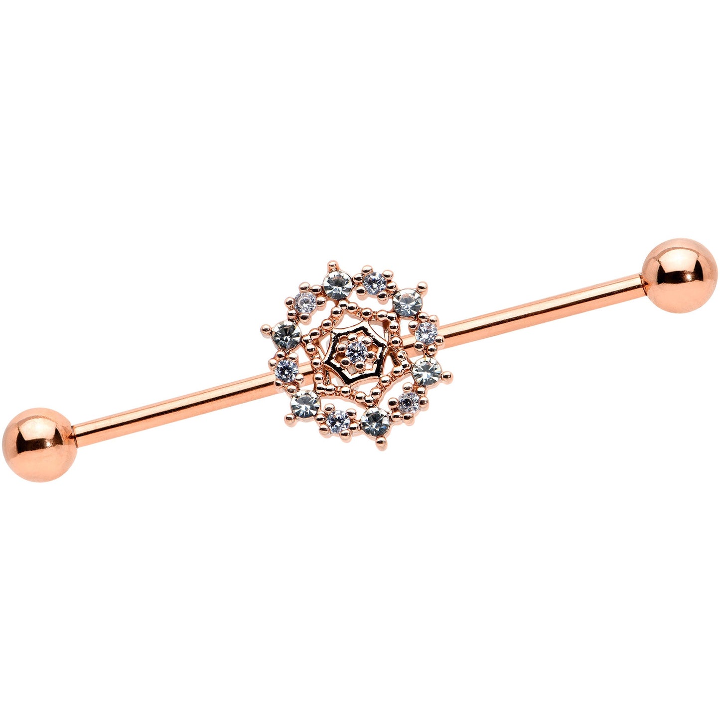 14G Clear CZ Gem Rose Gold Tone Geo Web Industrial Barbell 38mm