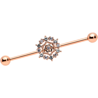 14G Clear CZ Gem Rose Gold Tone Geo Web Industrial Barbell 38mm