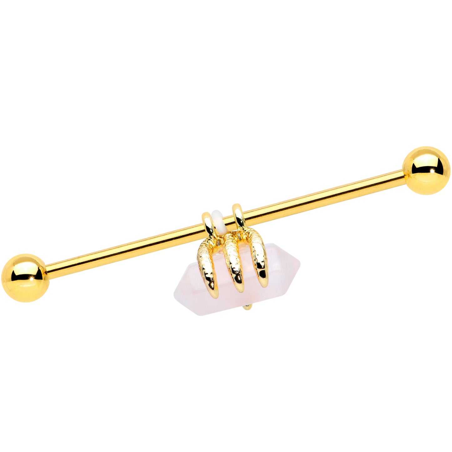 14G Pink Rose Quartz Gold Tone Claw Industrial Barbell 38mm