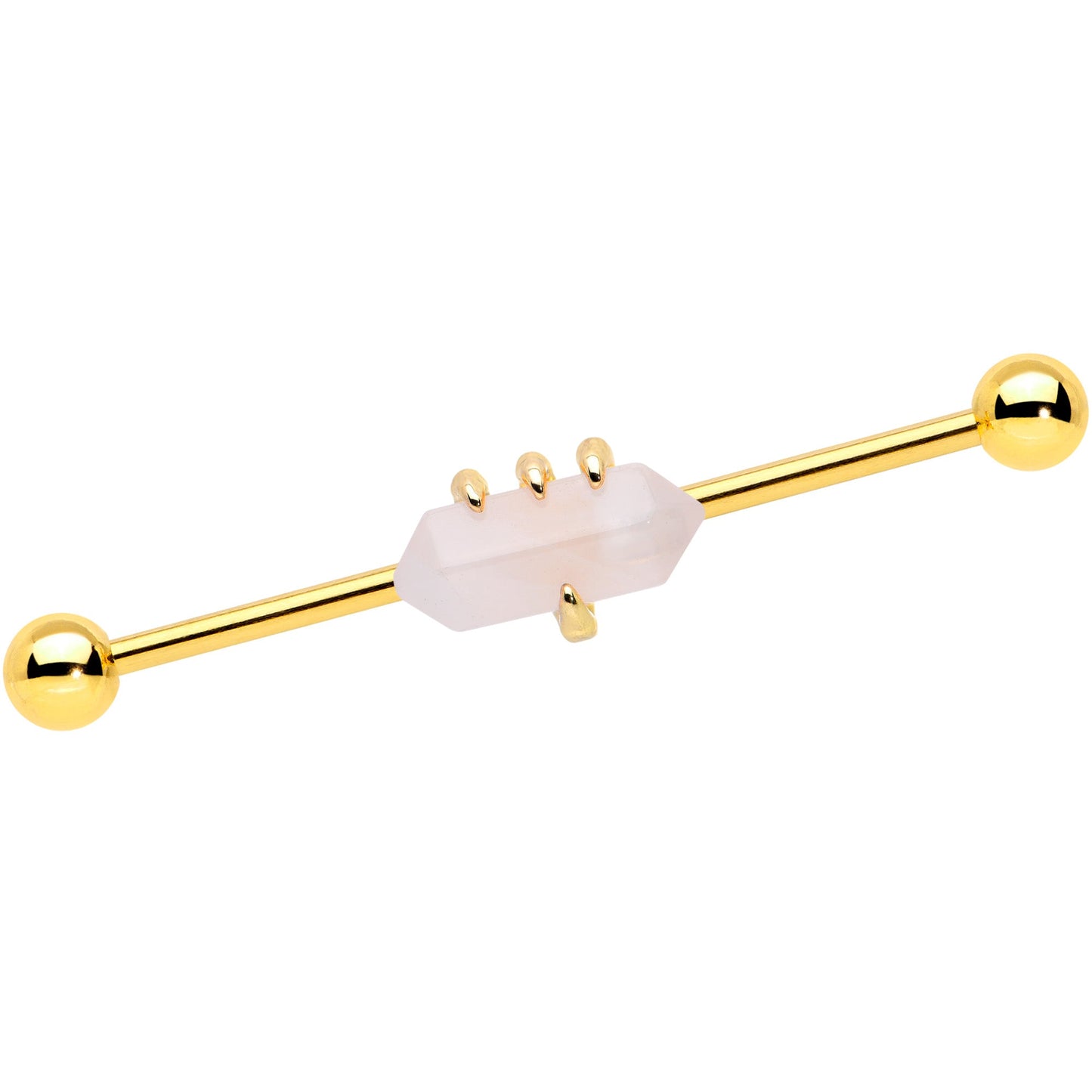 14G Pink Rose Quartz Gold Tone Claw Industrial Barbell 38mm