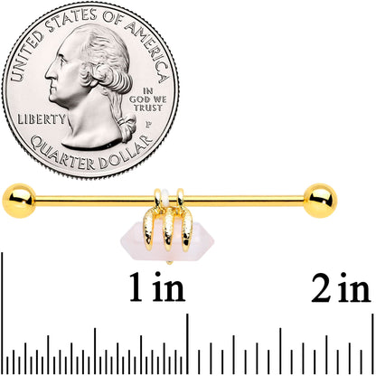 14G Pink Rose Quartz Gold Tone Claw Industrial Barbell 38mm