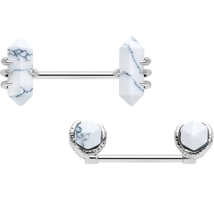 14G 9/16 White Howlite Stone Obelisks Barbell Nipple Ring Set