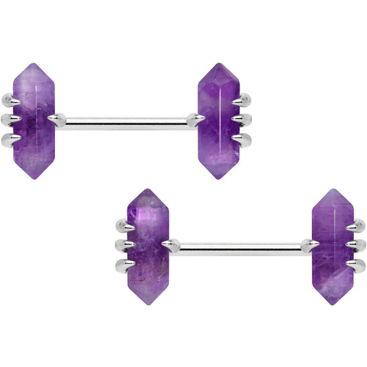 14G 9/16 Purple Amethyst Stone Obelisks Barbell Nipple Ring Set