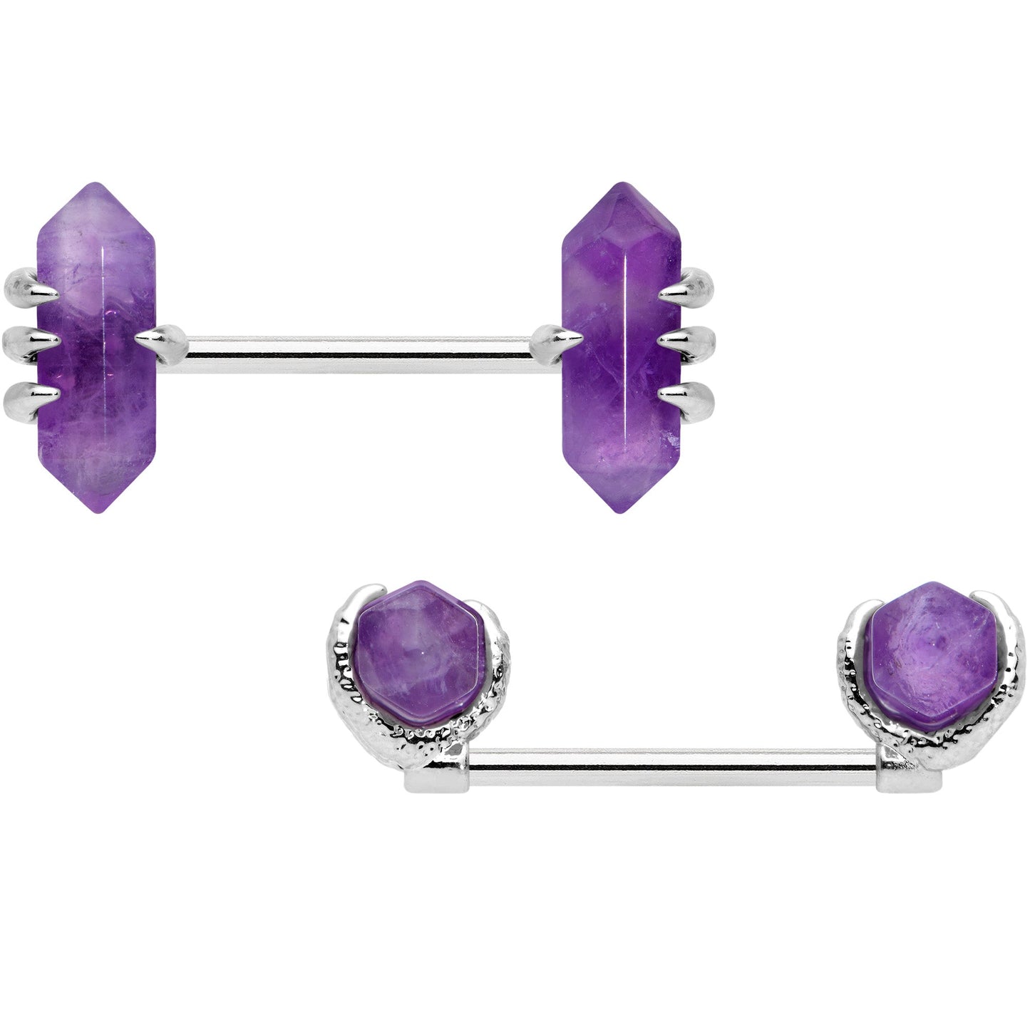 14G 9/16 Purple Amethyst Stone Obelisks Barbell Nipple Ring Set