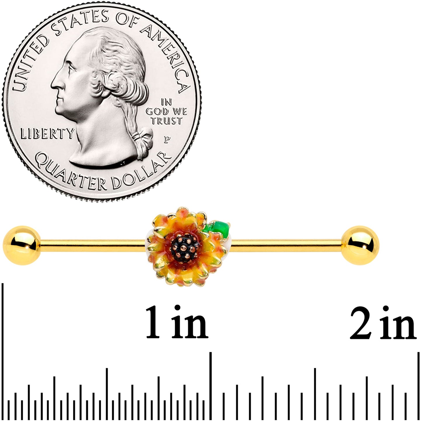 14G Gold Tone Summer Sunflower Industrial Barbell 38mm