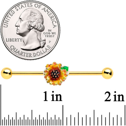14G Gold Tone Summer Sunflower Industrial Barbell 38mm
