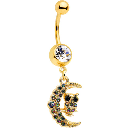 Clear Aurora Black Gem Gold Tone Owl Moon Dangle Belly Ring