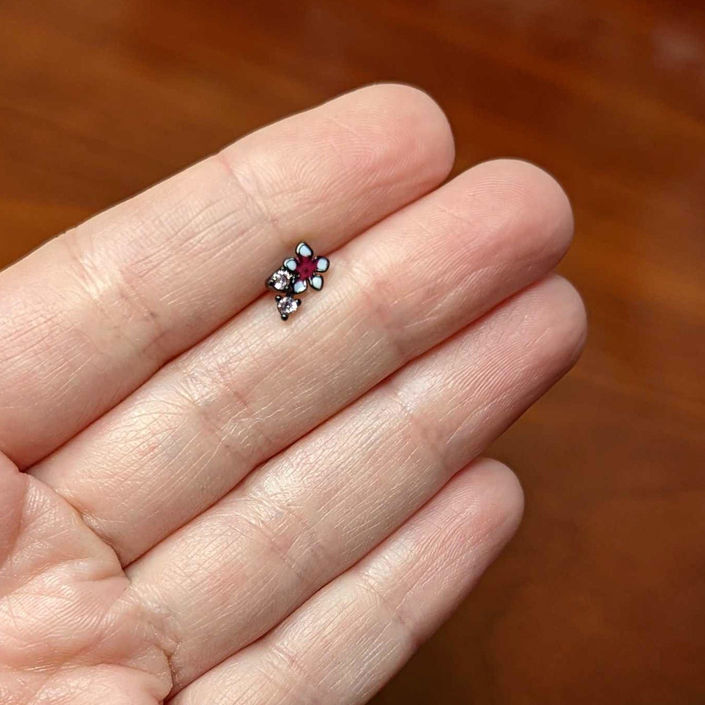 16G 5/16 Pink Gem Black Fanciful Flower Labret Monroe Tragus