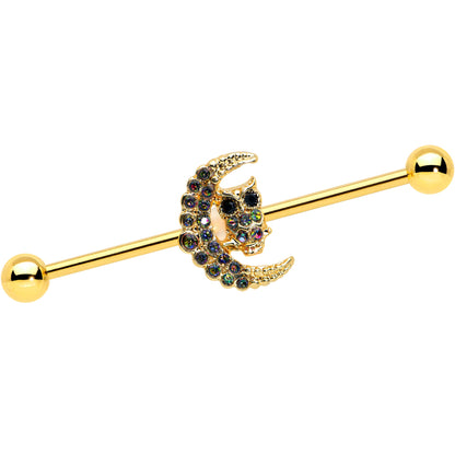 14G Aurora Black Gem Gold Tone Owl Moon Industrial Barbell 38mm