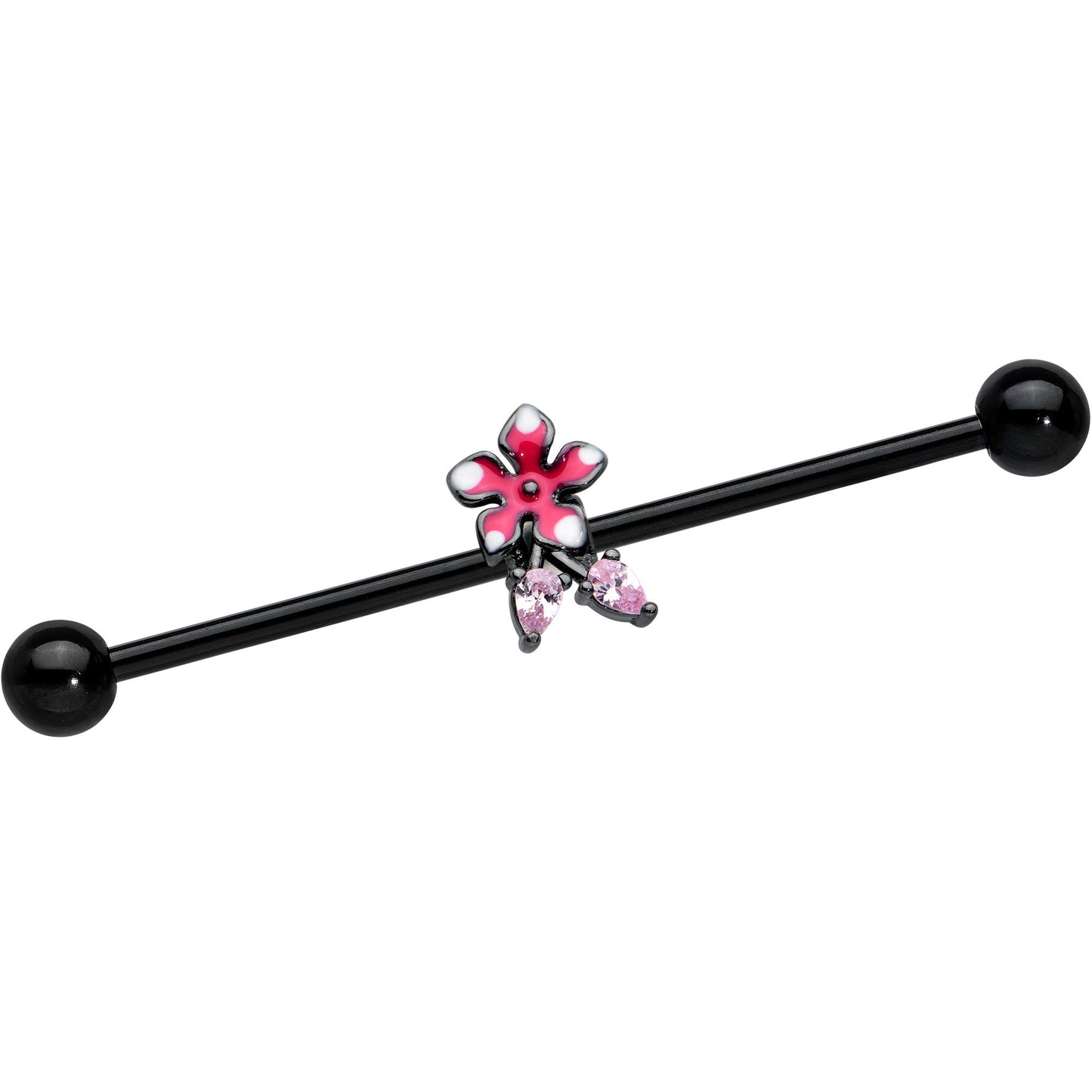 14G Pink Gem Black Fanciful Flower Industrial Barbell 38mm