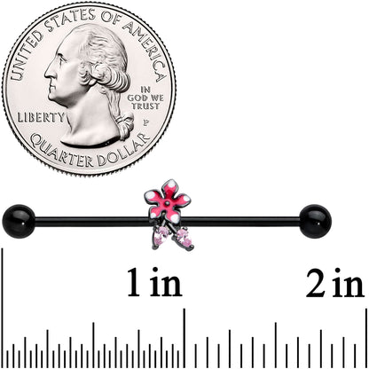 14G Pink Gem Black Fanciful Flower Industrial Barbell 38mm