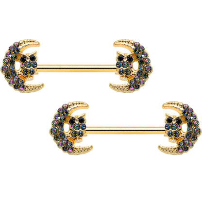 14G 5/8 Aurora Gem Gold Tone Owl Moon Barbell Nipple Ring Set