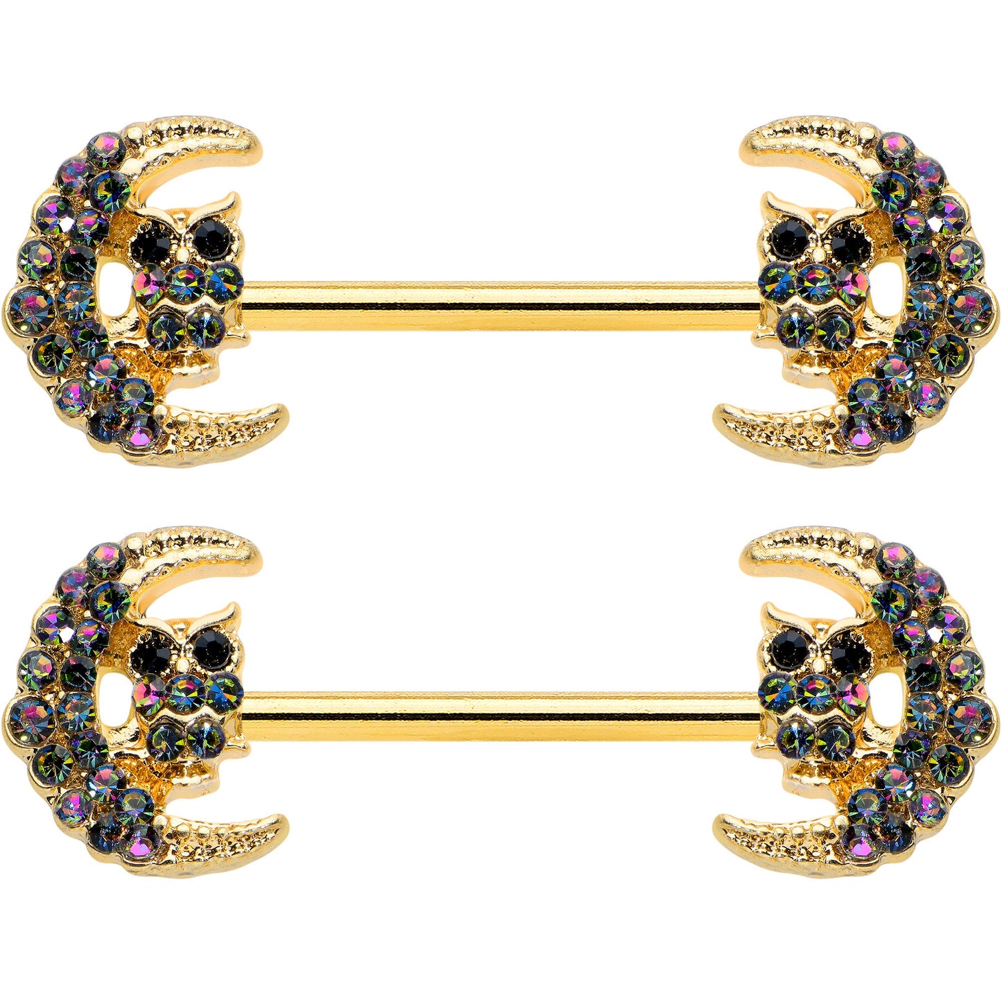 14G 5/8 Aurora Gem Gold Tone Owl Moon Barbell Nipple Ring Set