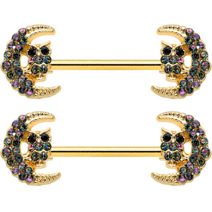 14G 5/8 Aurora Gem Gold Tone Owl Moon Barbell Nipple Ring Set