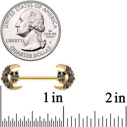 14G 5/8 Aurora Gem Gold Tone Owl Moon Barbell Nipple Ring Set