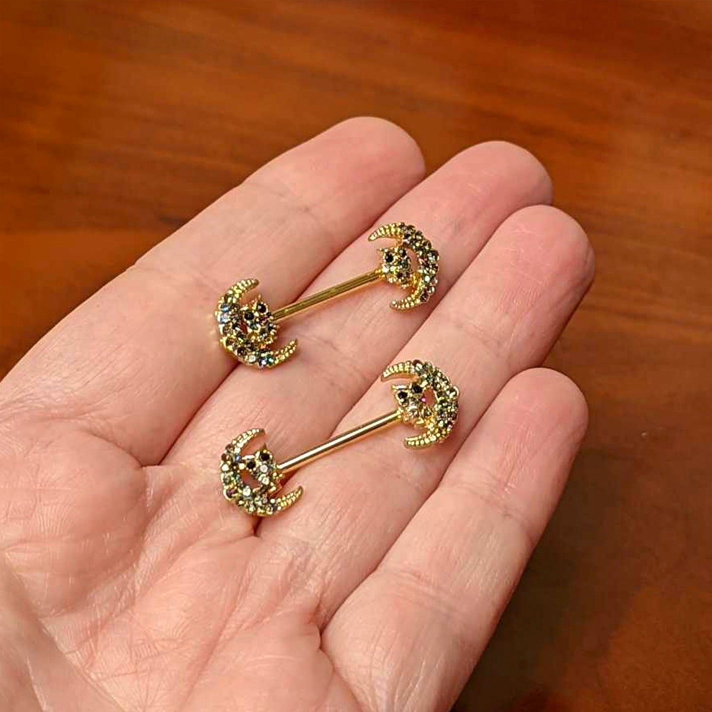 14G 5/8 Aurora Gem Gold Tone Owl Moon Barbell Nipple Ring Set