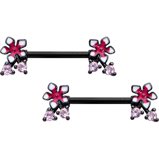 14G 9/16 Pink Gem Black Fanciful Flower Barbell Nipple Ring Set