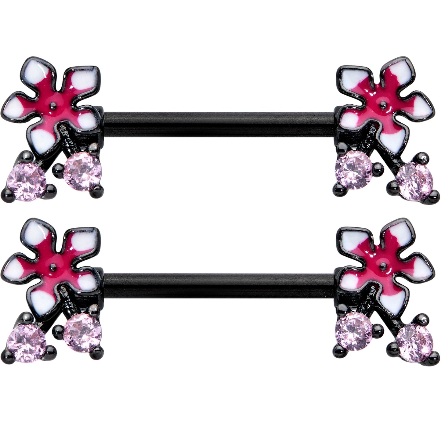 14G 9/16 Pink Gem Black Fanciful Flower Barbell Nipple Ring Set