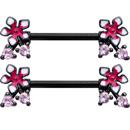 14G 9/16 Pink Gem Black Fanciful Flower Barbell Nipple Ring Set