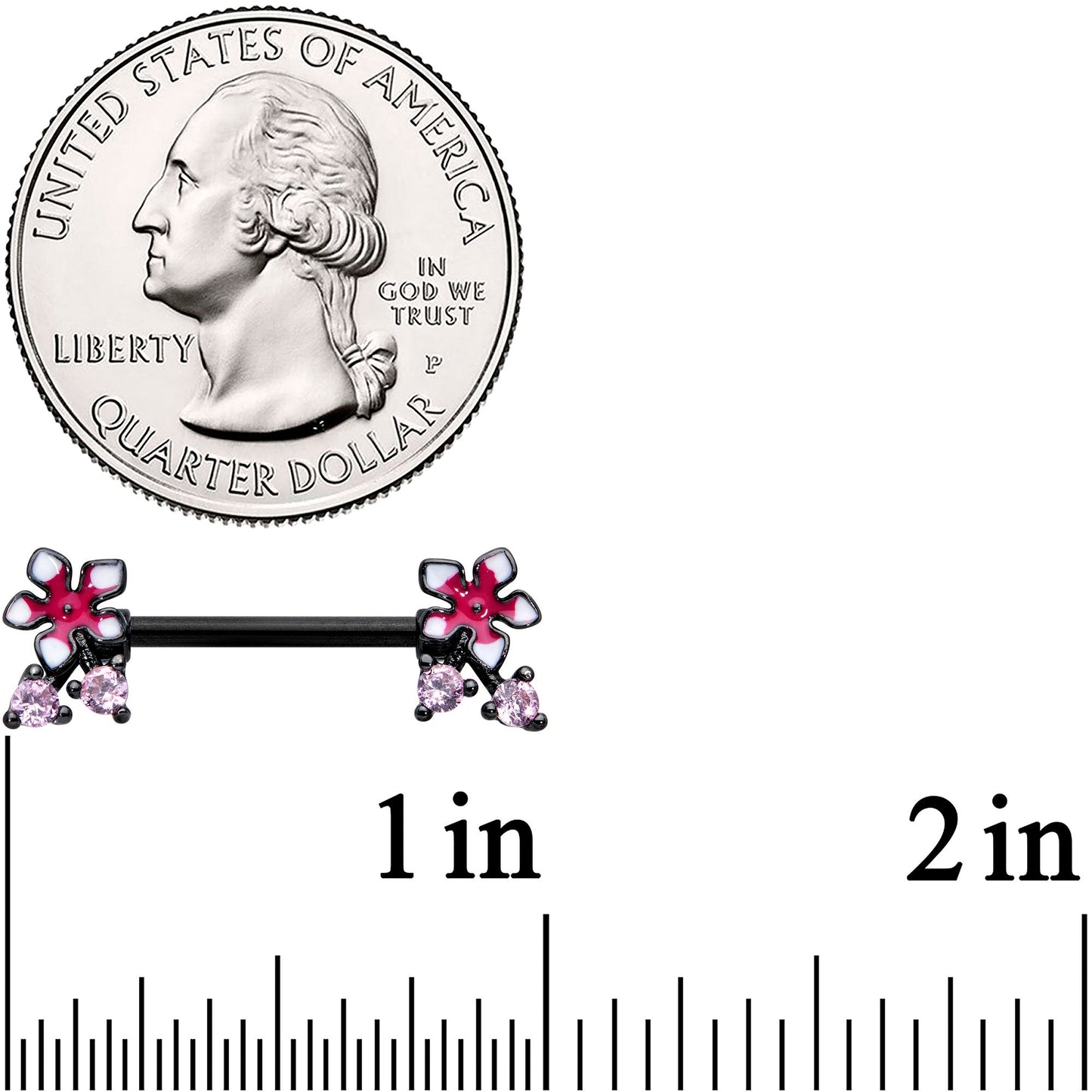 14G 9/16 Pink Gem Black Fanciful Flower Barbell Nipple Ring Set