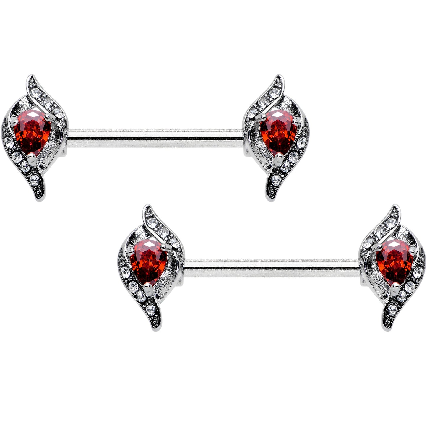 14G 9/16 Clear Red Gem Swirling Oval Barbell Nipple Ring Set