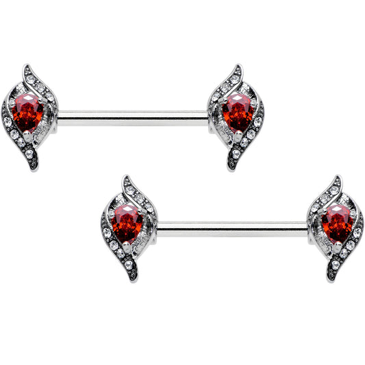 14G 9/16 Clear Red Gem Swirling Oval Barbell Nipple Ring Set