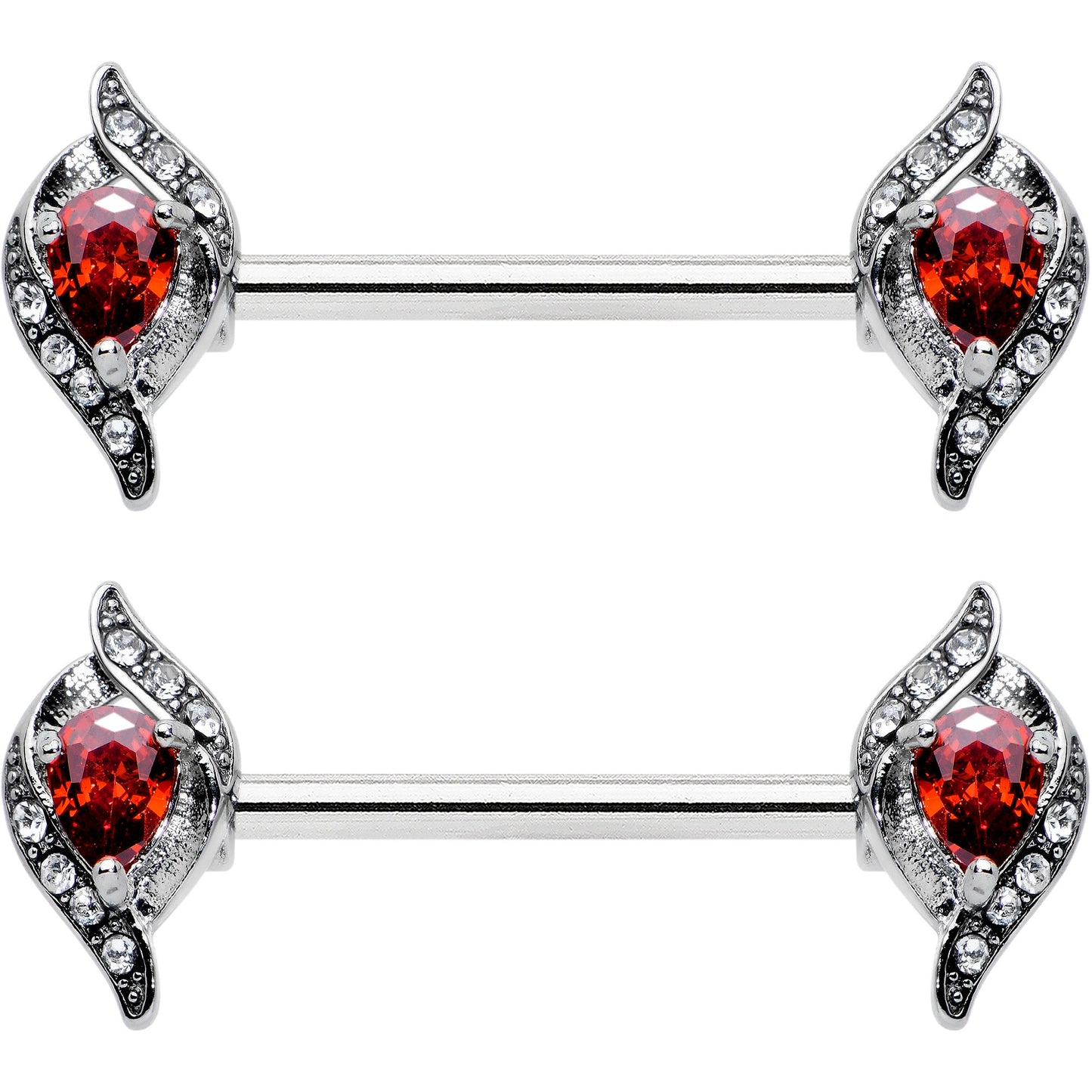 14G 9/16 Clear Red Gem Swirling Oval Barbell Nipple Ring Set