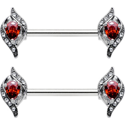 14G 9/16 Clear Red Gem Swirling Oval Barbell Nipple Ring Set